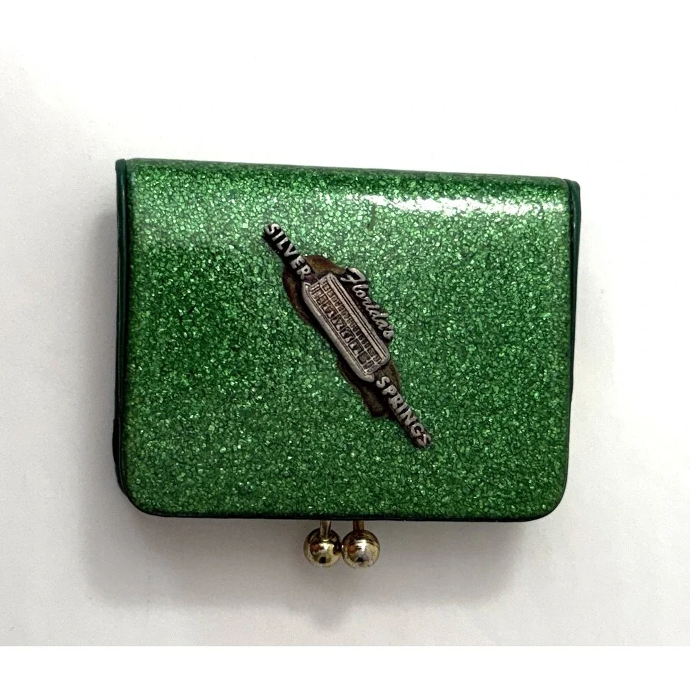 Vintage Florida Souvenir Coin Purse Silver Kiss Closure Boat Green Silver Spring